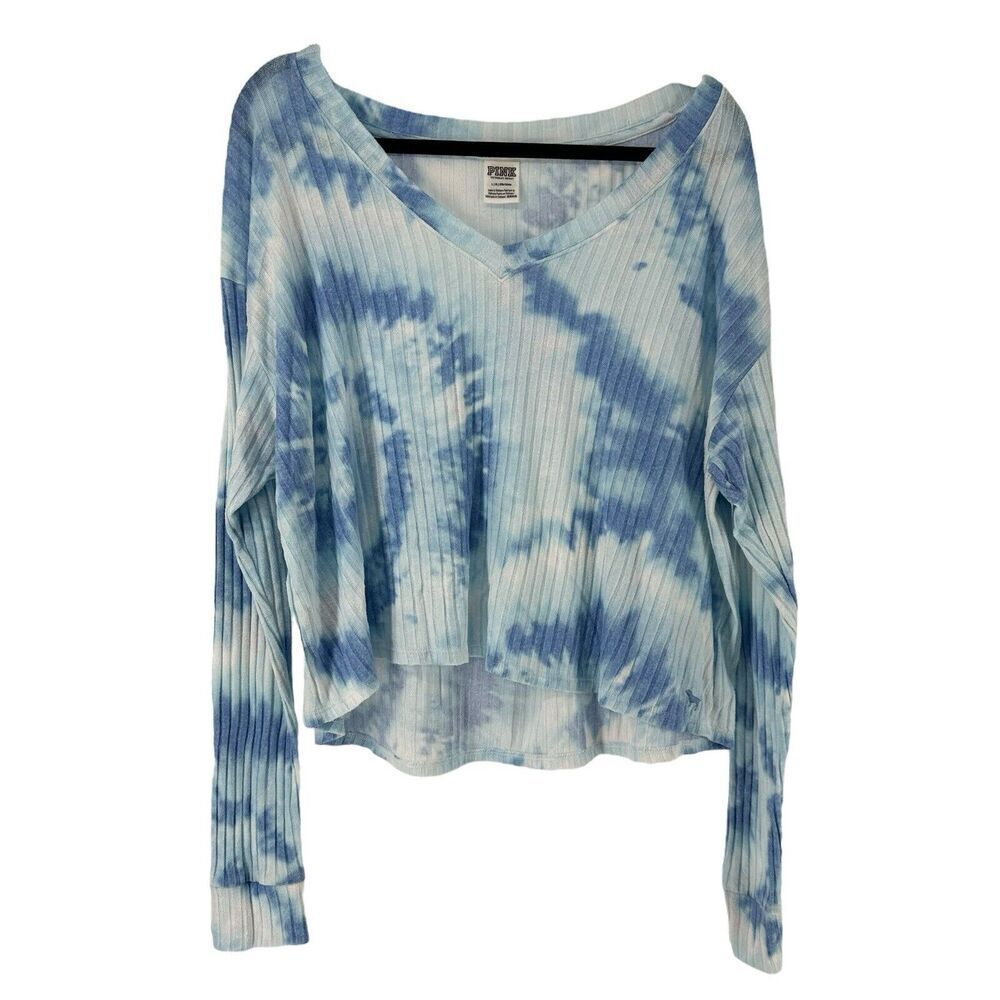 Victorias Secret PINK Tie Dye Long Sleeve Ribbed V Neck Top Blue Size L Relaxed